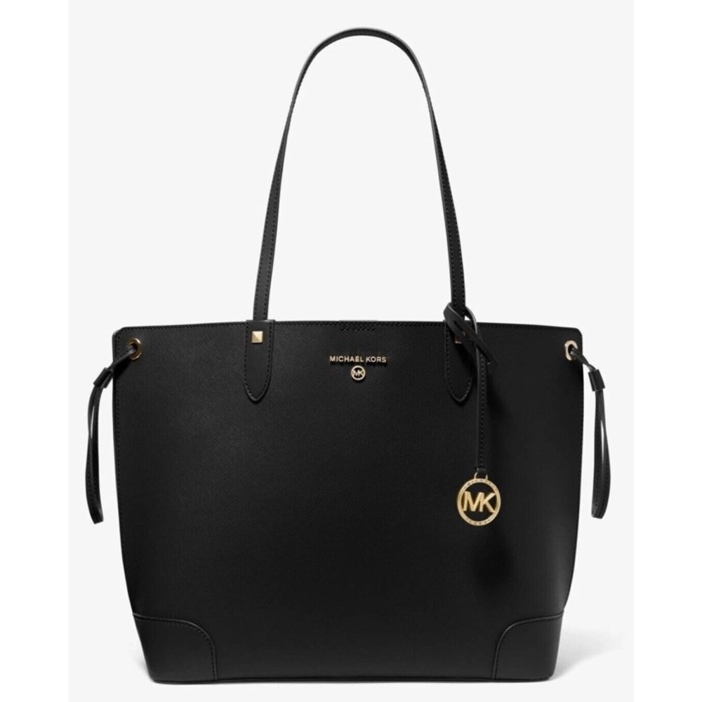 Michael Kors Edith Large Black Leather Tote + Bonus Wristlet Gold Accents